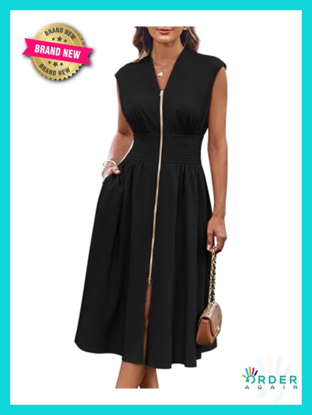 Womens Casual Midi Dress Sleeveless V-Neck Smocked Waist Pockets Office Work